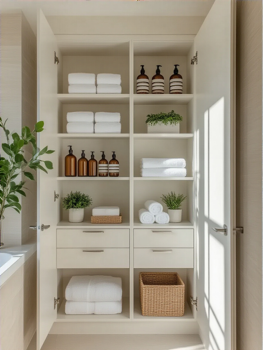 A sleek, floor-to-ceiling shallow built-in bathroom cabinet with neatly arranged toiletries, folded white towels, and decorative baskets, showcasing effective vertical storage solutions in a modern, clutter-free bathroom.