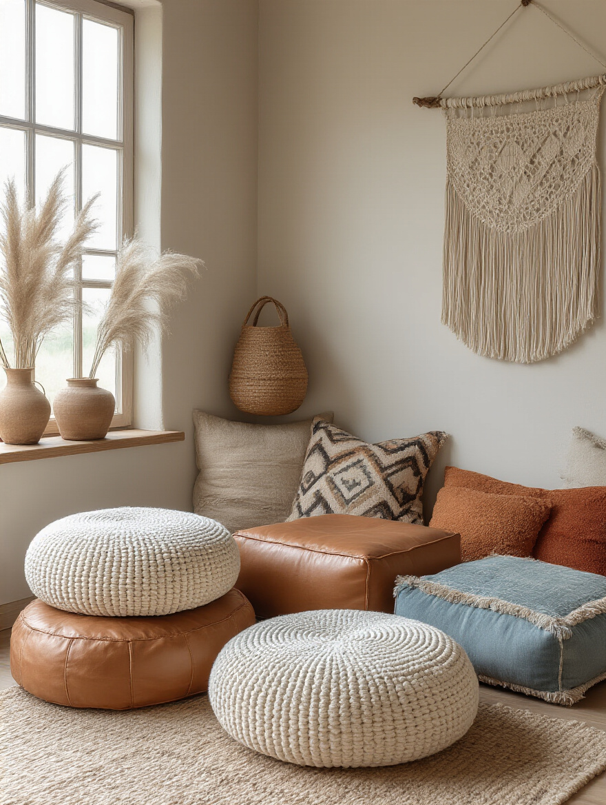 A cozy bohemian bedroom corner featuring a diverse arrangement of textured poufs and patterned floor cushions in earthy tones, creating versatile and comfortable seating.