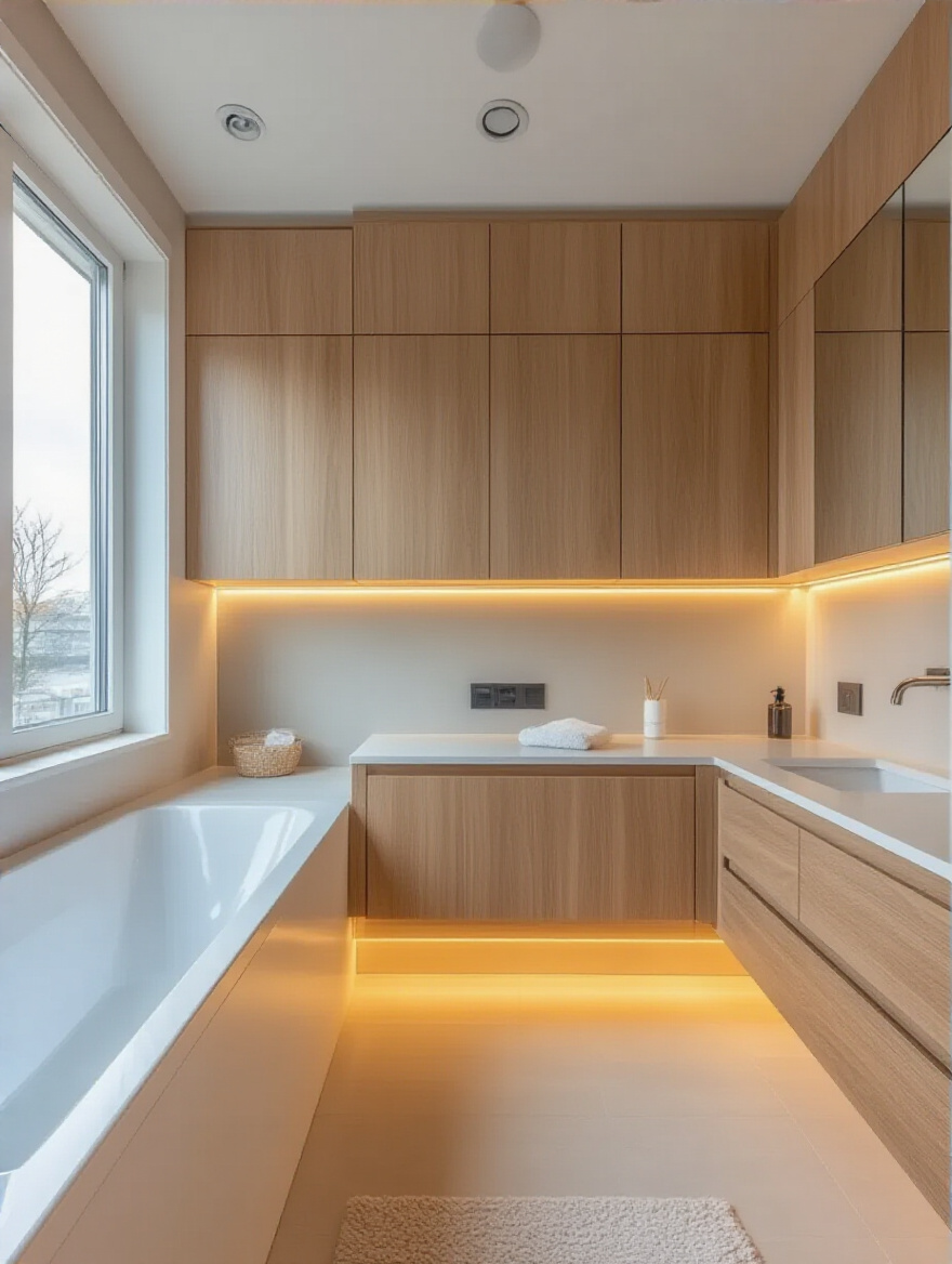 A modern bathroom featuring well-lit wooden vanity cabinets with a visible exhaust fan, symbolizing effective bathroom ventilation and strategic lighting for cabinet longevity.