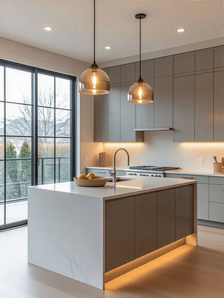 An overhead view of a modern, open kitchen, designed to illustrate optimal kitchen layout assessment and traffic flow for future island placement, showing wide clear pathways and efficient zone planning.