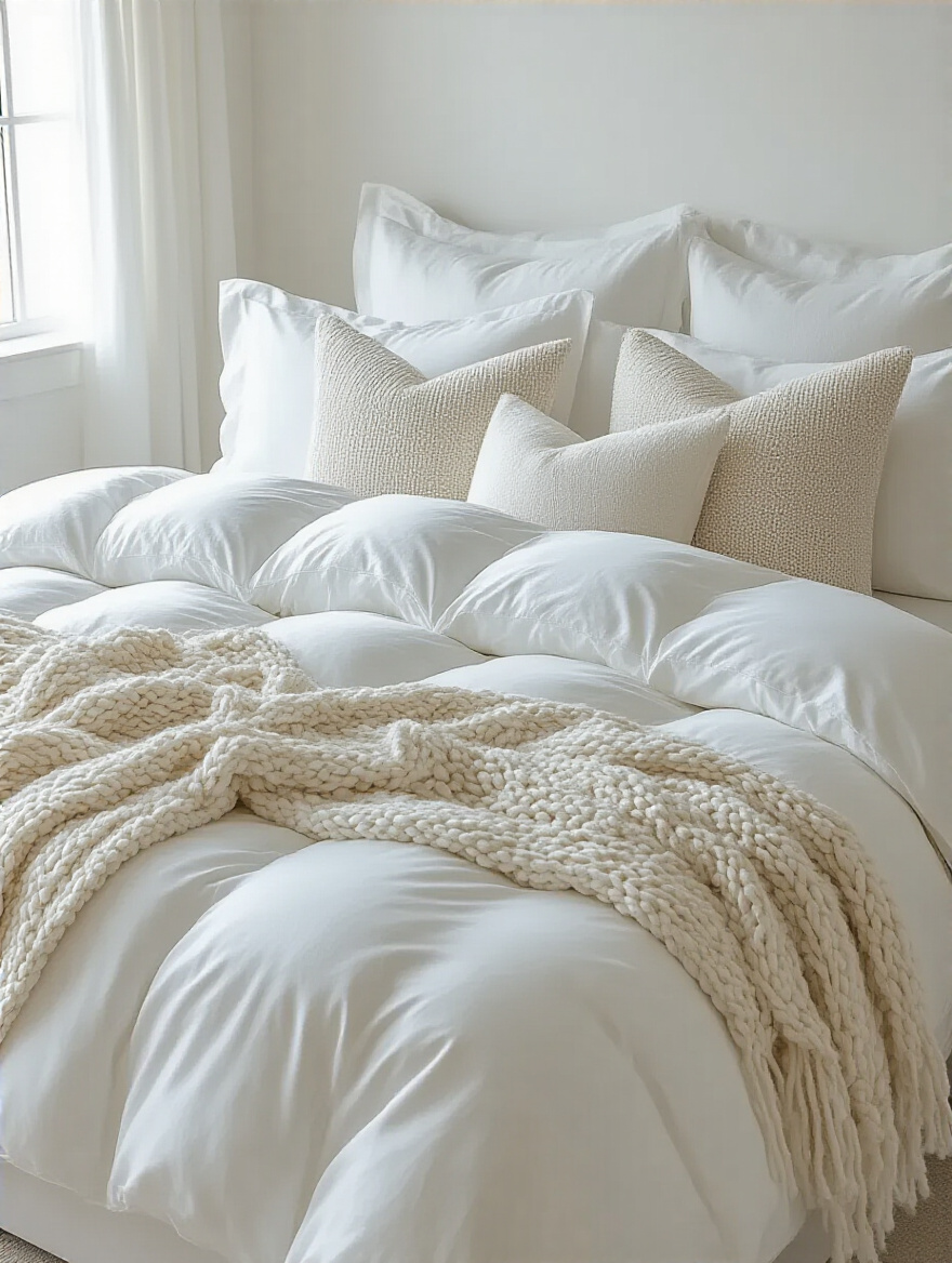 White bedroom with ample natural light showing various white paint samples on the wall, demonstrating light interaction.