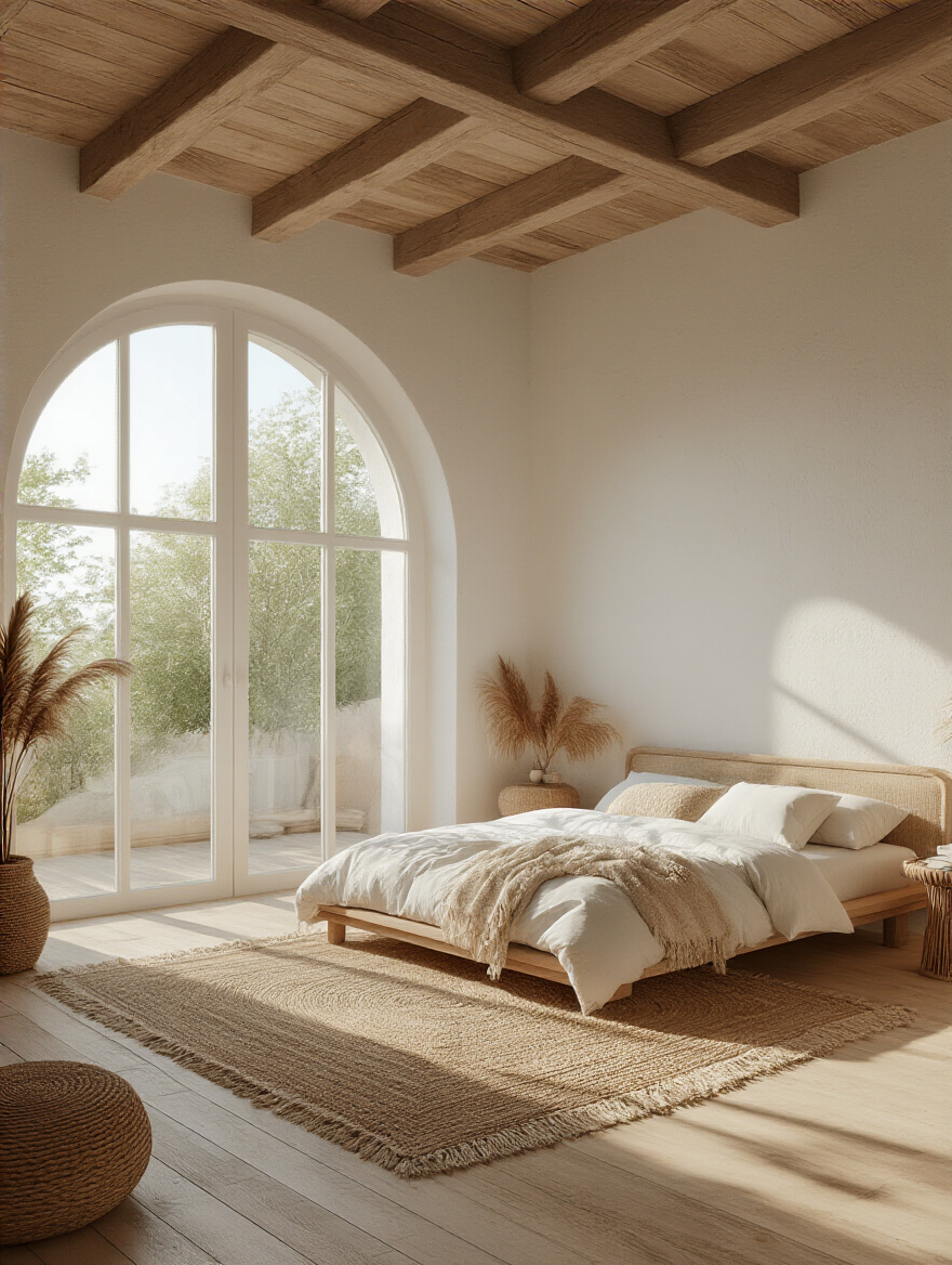 A beautifully organized boho bedroom with clear pathways and thoughtful furniture placement, demonstrating optimal space assessment for harmonious flow.