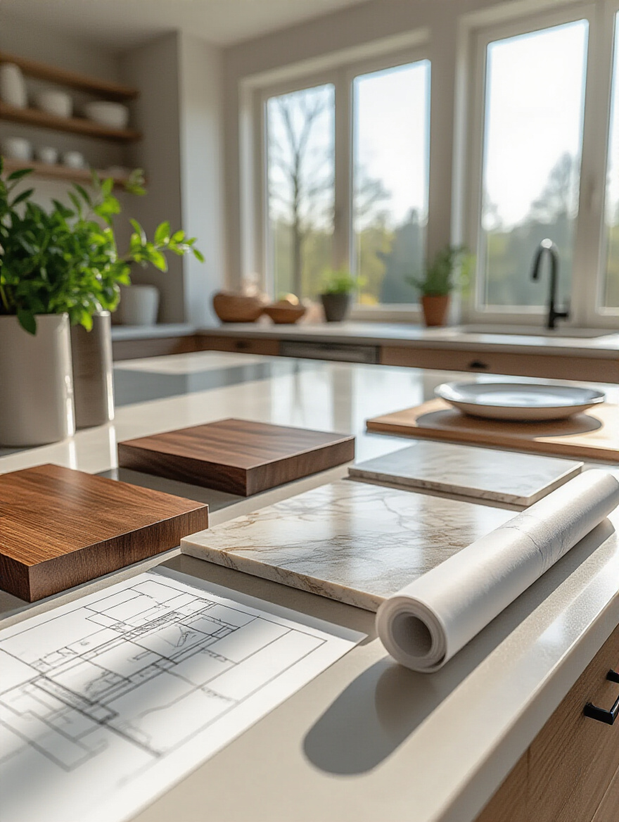 High-quality kitchen material samples laid out for strategic budget planning during a kitchen remodel, illustrating detailed financial foresight