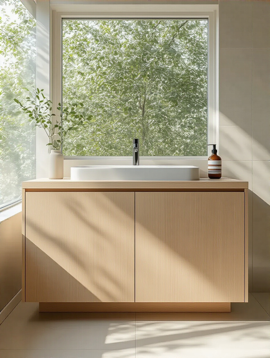 Modern bathroom vanity crafted from marine-grade plywood with a polyurethane finish, showcasing its durability and resistance to humidity.