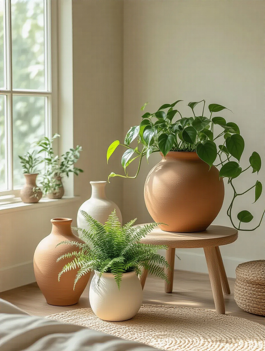 Assortment of earthy ceramic vases and planters in natural tones holding various green plants in a sunlit boho bedroom setting.
