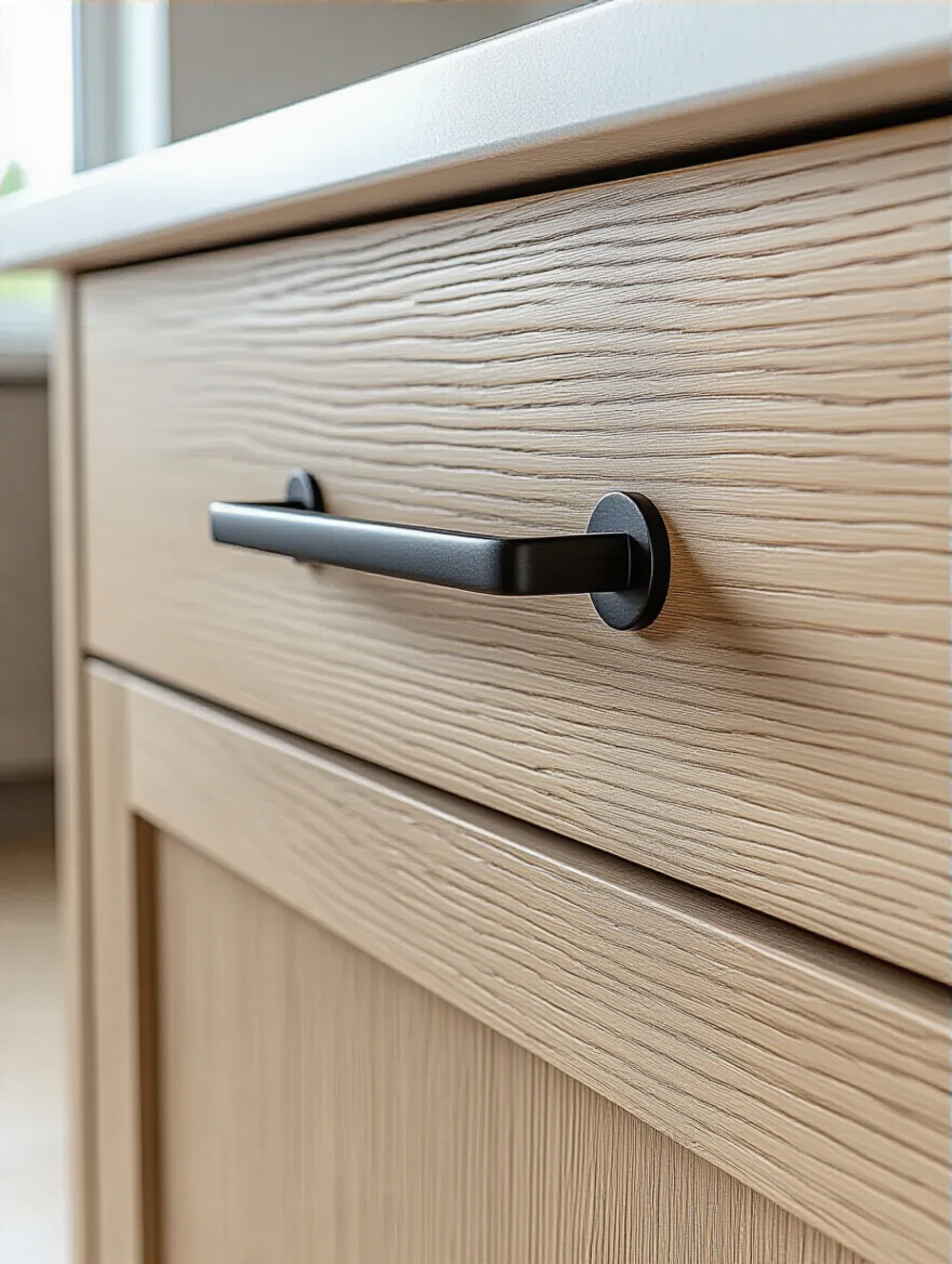 Close-up of a stylish kitchen island cabinet with perfectly matched decorative knobs and pulls, reflecting a cohesive kitchen design theme.