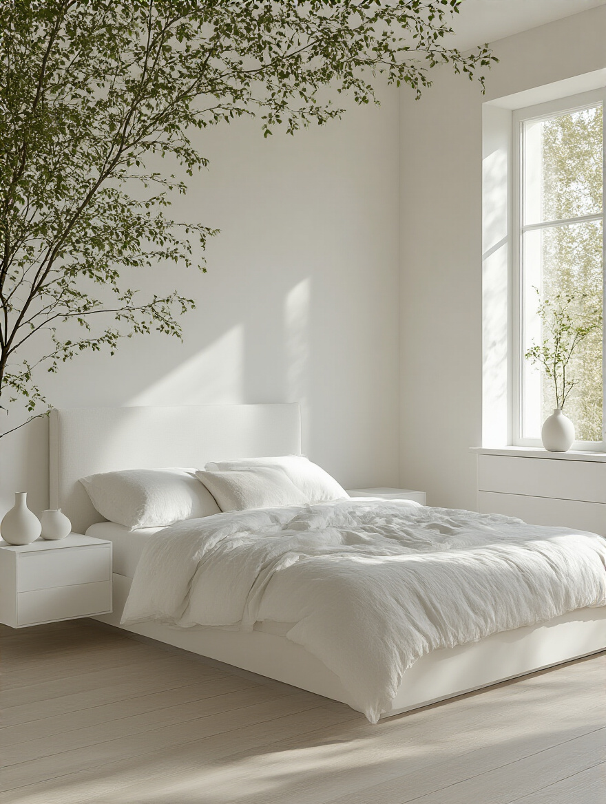 Elegant white bedroom featuring a white platform bed, white dresser, and white nightstand. The furniture creates a serene, versatile, and spacious atmosphere, complemented by layered white textiles and soft natural light, showcasing timeless white foundation furniture.