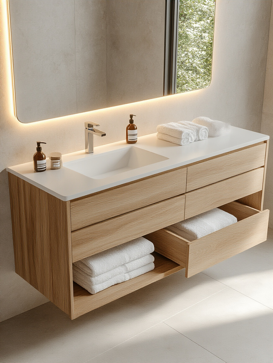 Modern wall-mounted bathroom vanity with smart storage, natural wood finish, and white quartz countertop, showing folded towels on an open shelf