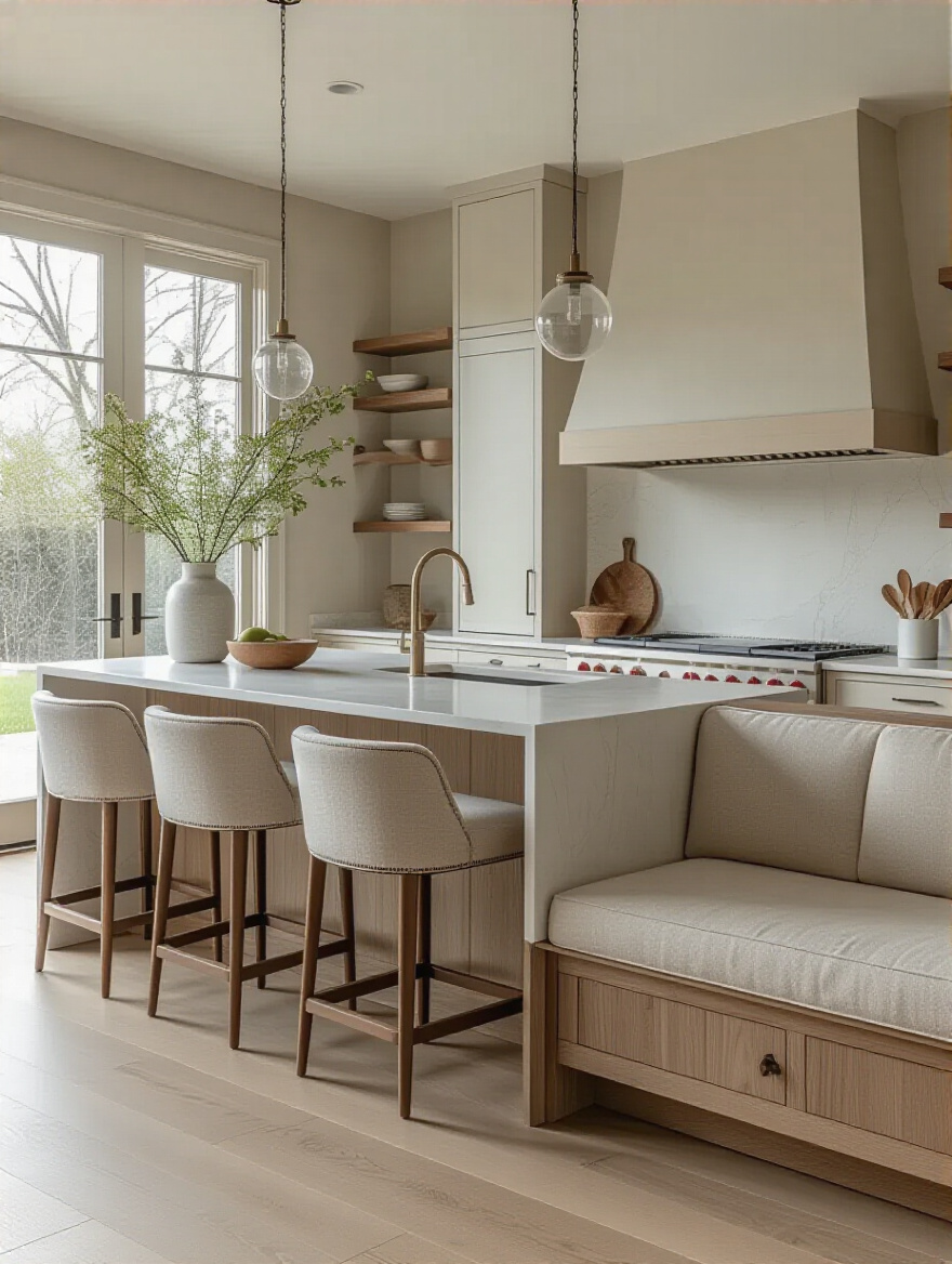 Modern kitchen island with varied seating styles including elegant bar stools, a comfortable built-in banquette, and a stylish kitchen bench, designed for functionality and aesthetics.