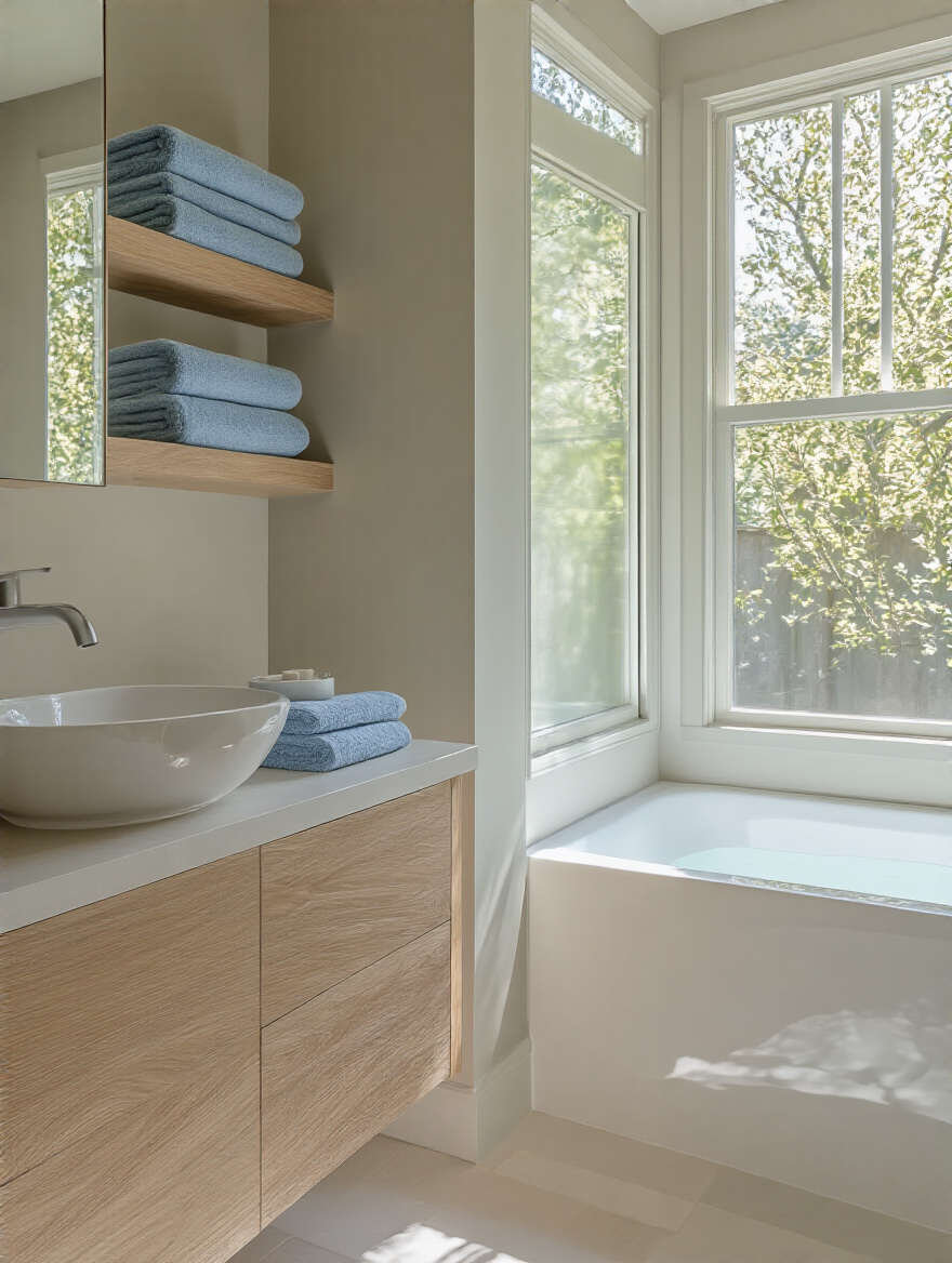 A modern, minimalist bathroom showing clear pathways and strategic fixture placement for optimal flow. Light streams in from a large window, highlighting the organized layout, designed for a functional space assessment. The overall impression is calm efficiency and intelligent design without specific measuring tools.