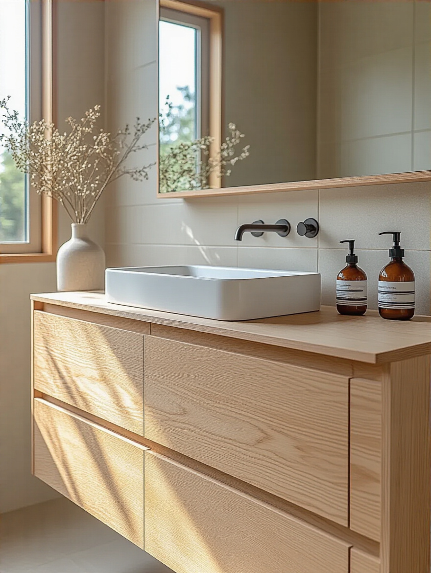 A pristine modern bathroom showing a laser beam on the wall and chalk lines on the floor, symbolizing precise space auditing and measurement for bathroom cabinet design planning.
