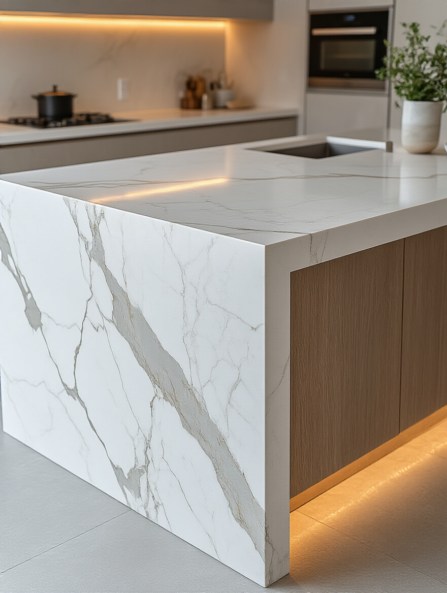 Modern kitchen island with a sleek white Calacatta quartz waterfall edge countertop extending to the floor, showcasing a luxurious and contemporary design in a minimalist setting.