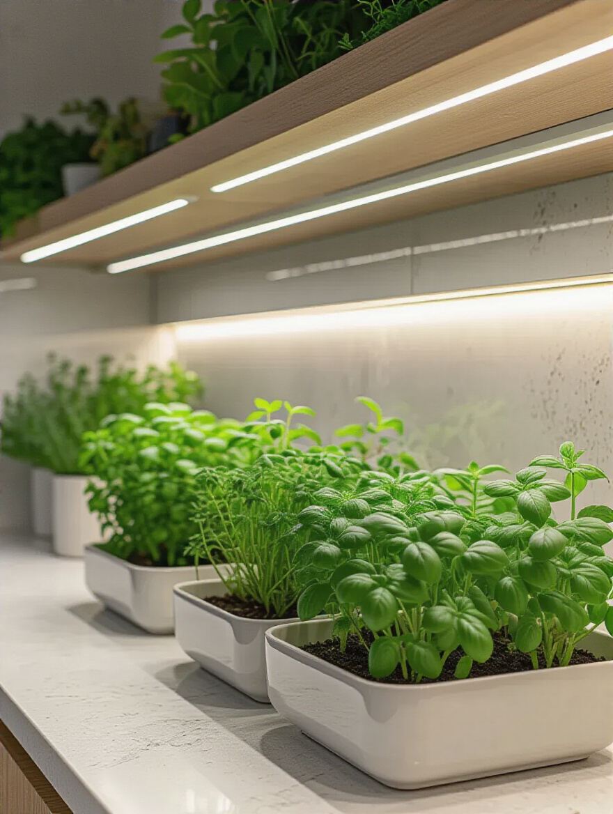 Modern kitchen with integrated biophilic design, featuring a thriving indoor herb garden on a moisture-resistant quartz countertop and a living wall in the background.