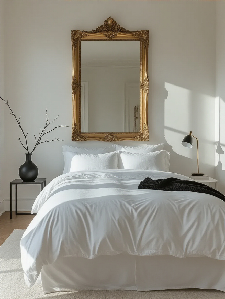 White bedroom with high contrast black and metallic decorative accents, including a gold-framed mirror, black ceramic vase, and textured black throw blanket, defining the luxurious space.