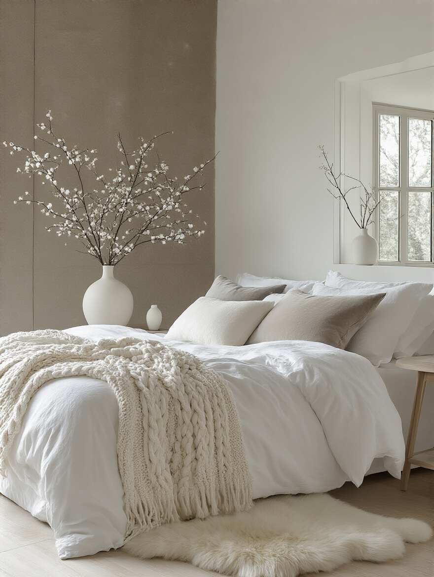 Monochromatic white bedroom featuring layered textiles like a linen duvet, chunky knit throw, velvet pillows, along with a limewashed wood nightstand and sheepskin rug to showcase diverse textures and depth.