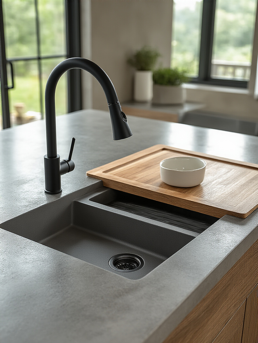 Modern kitchen featuring a matte black ergonomic pull-down faucet and a quartz composite single-basin sink with an integrated cutting board, natural lighting.