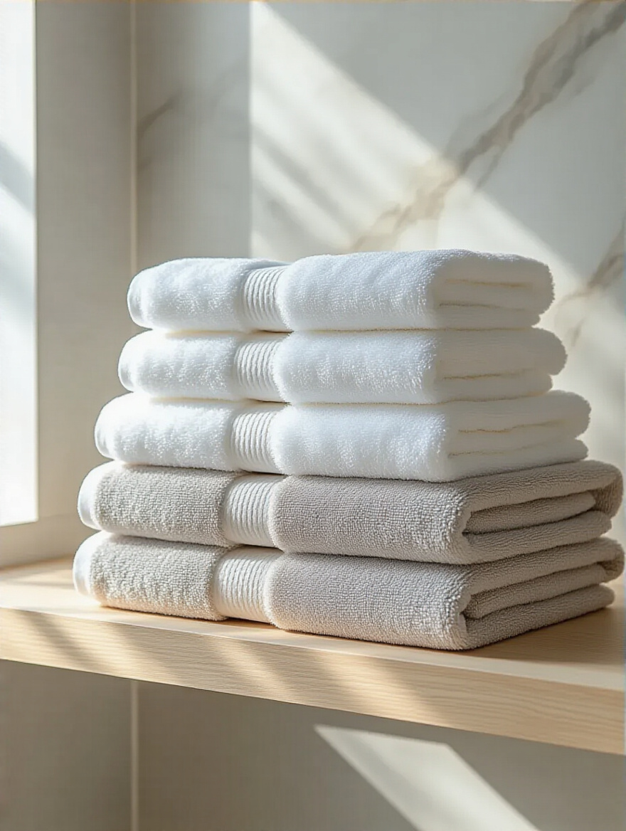 A perfectly folded stack of plush white and light grey bath towels and hand towels displayed elegantly on a wooden shelf in a serene, modern bathroom. The soft textures and clean aesthetic enhance the luxurious feel of the space, showcasing high-quality linens.