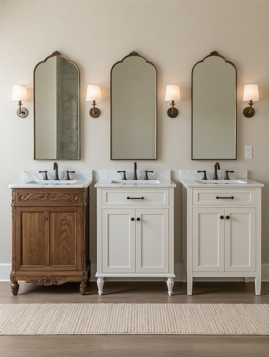 Visual comparison of custom, semi-custom, and stock bathroom cabinetry options side by side.
