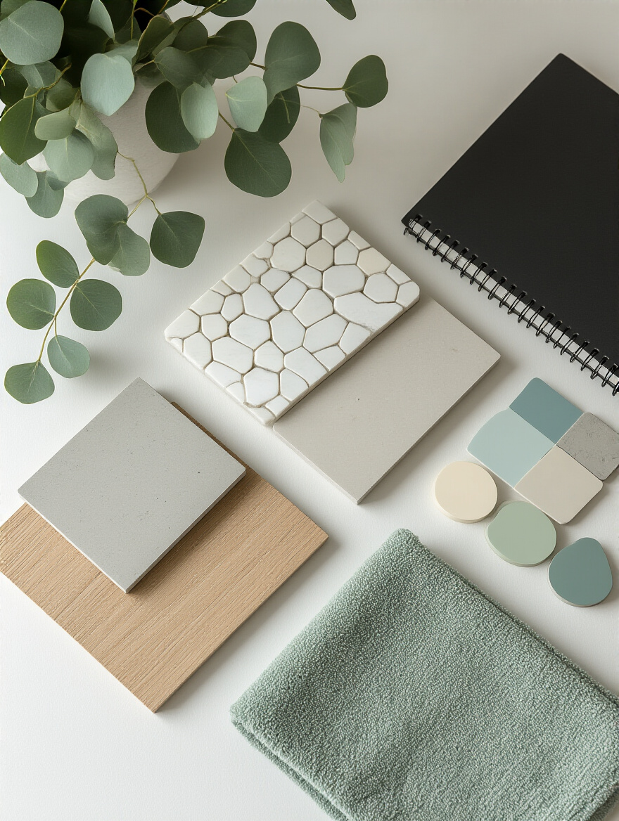 A curated flat lay of bathroom design materials including light concrete and marble tiles, wood veneer, and fabric swatches, with paint chips and a sketch notebook, under soft overhead light, representing defining a bathroom aesthetic and mood.
