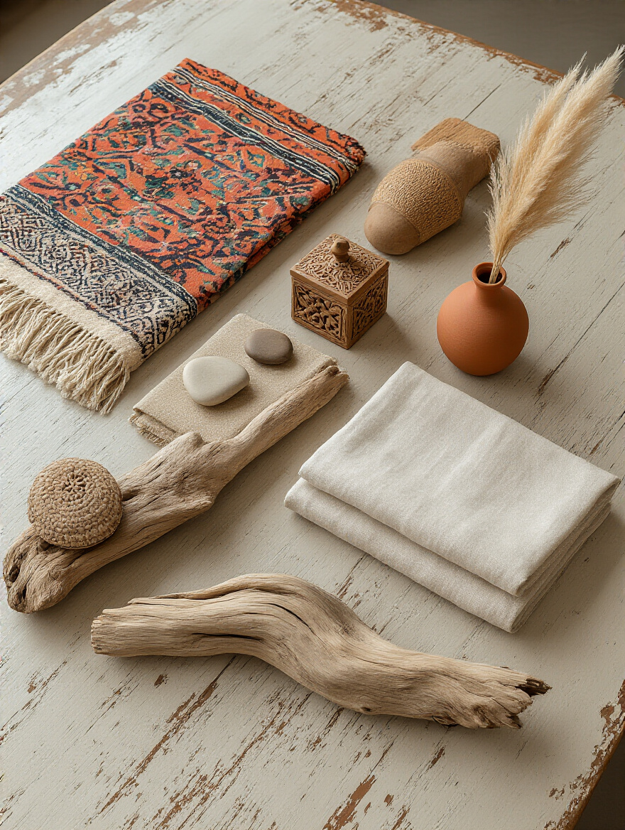Arrangement of design elements representing Global Boho (Moroccan throw, carved box), Minimalist Boho (linen, terracotta, pampas grass), and Coastal Boho (driftwood, seashell, blue textile) to help define a personal boho style.