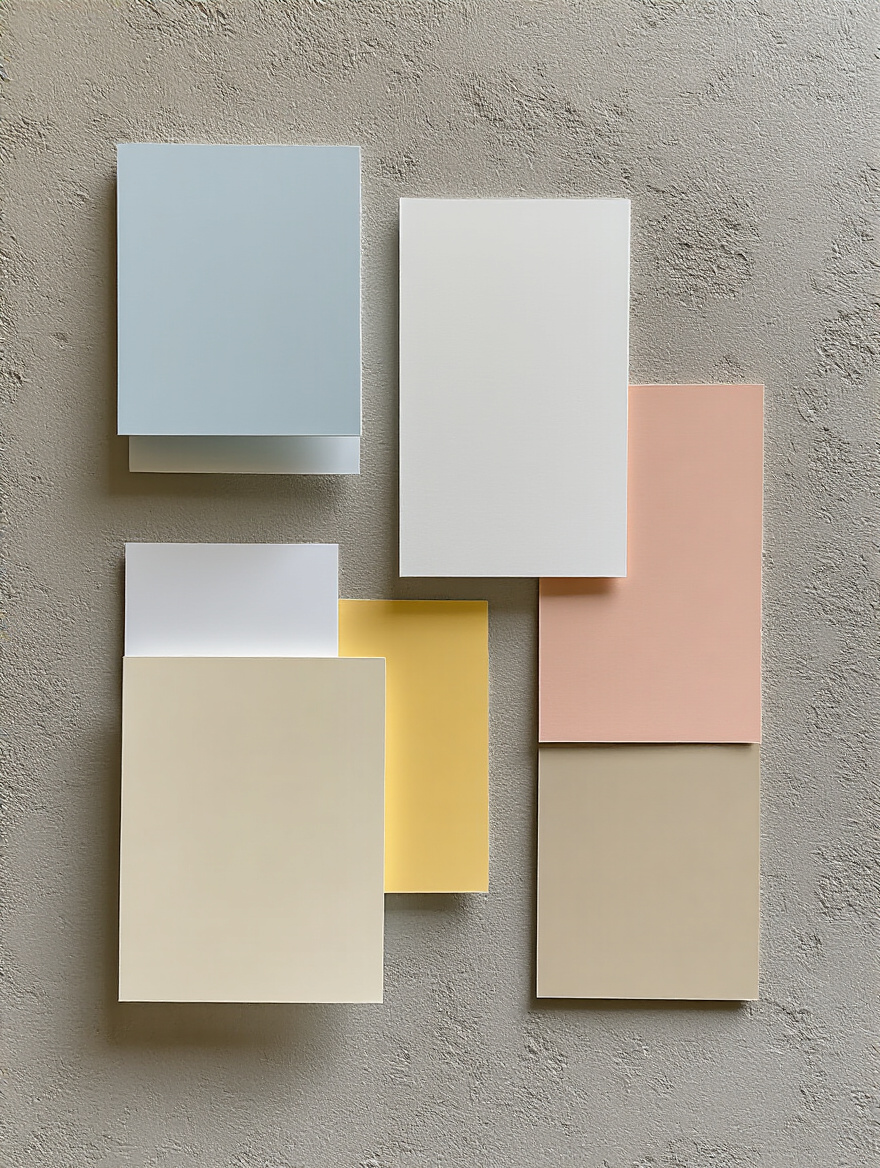 Various white paint swatches displayed on a neutral wall, subtly showcasing different undertones from cool to warm, for selecting the ideal white bedroom palette.