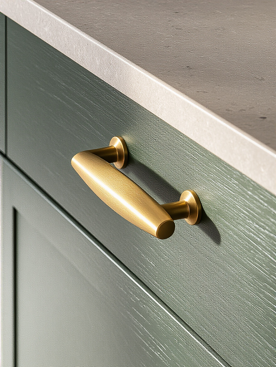 Close-up of a brushed brass cup pull handle on a dark green kitchen cabinet drawer, emphasizing the material and ergonomic design.