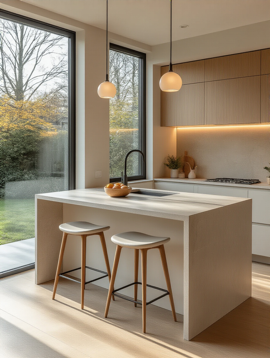 Modern kitchen island with varied counter heights, including a 36-inch quartz prep area, a 32-inch concrete baking section, and a 30-inch wood dining area, designed for multi-tasking in an elegant, open-plan kitchen.