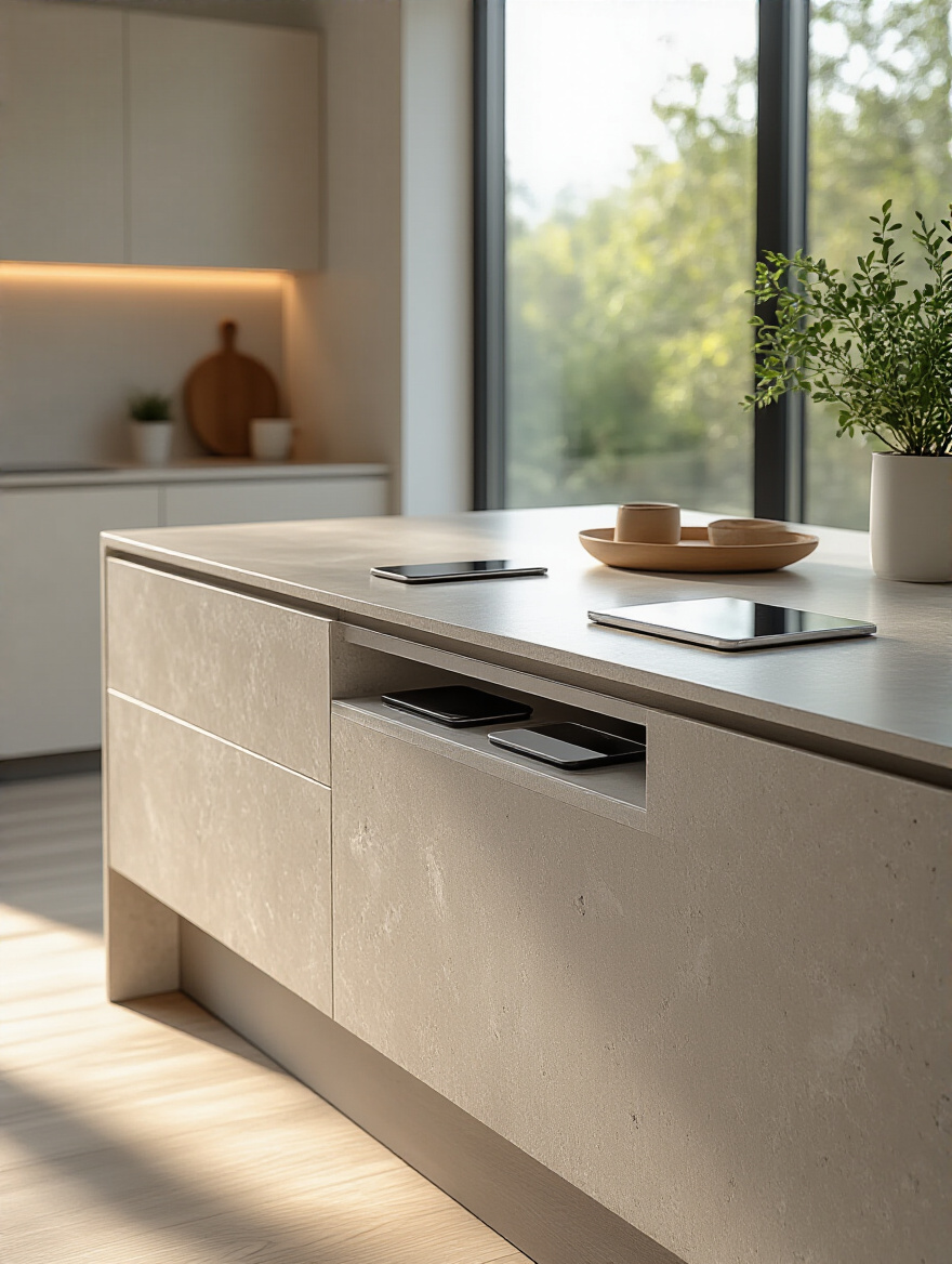 A modern kitchen island with an integrated charging station, showcasing a discreetly hidden area for charging phones and small appliances, maintaining a clean and minimalist countertop. Sleek quartz island surface in a bright, contemporary kitchen.