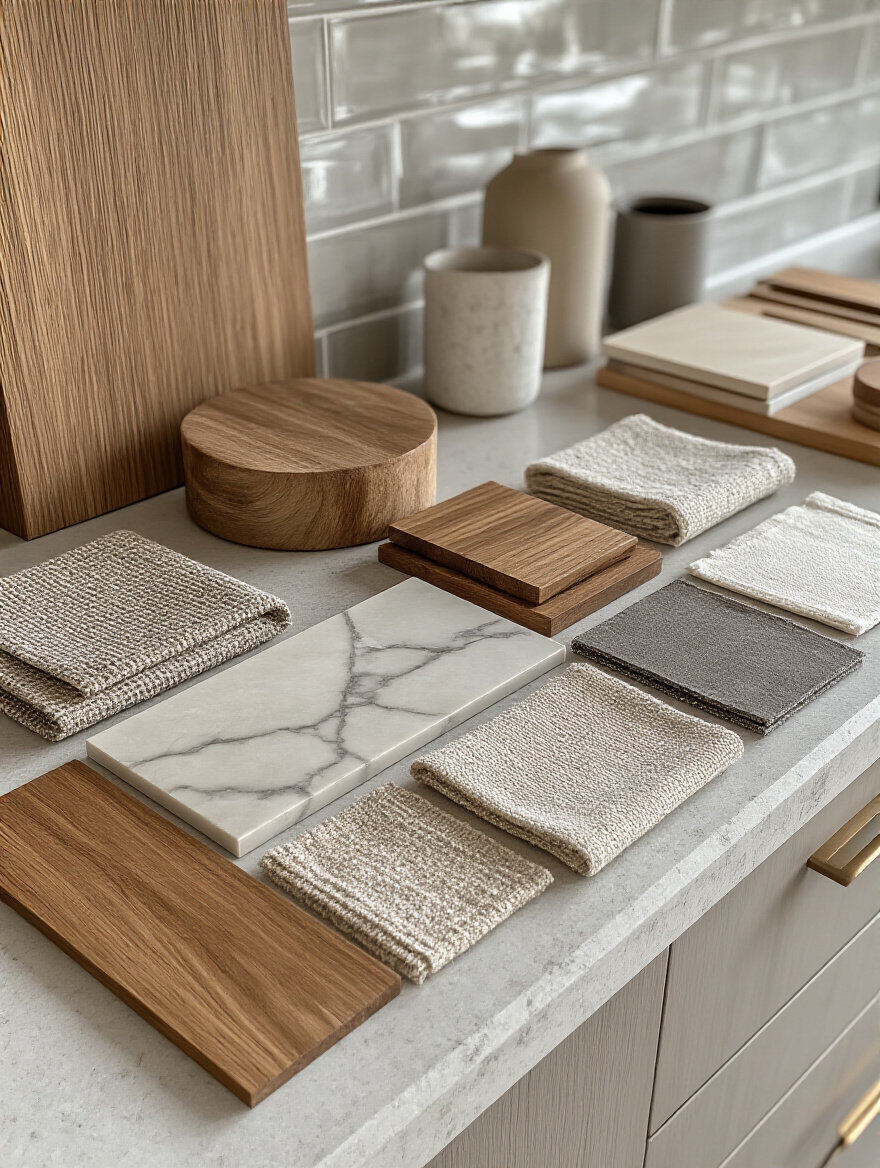 A professionally arranged kitchen mood board featuring various material samples like wood, stone, tile, and metal, on a light countertop, illustrating cohesive design for a kitchen remodel.