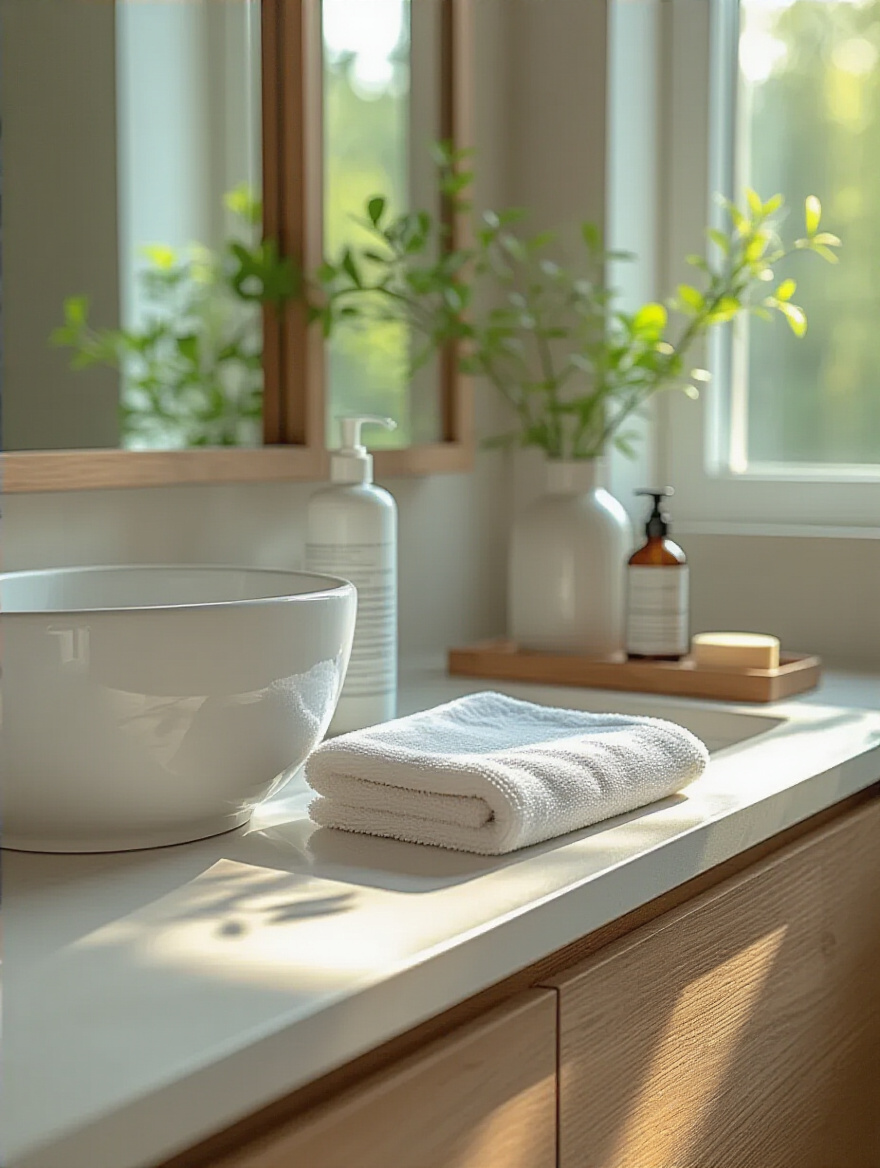 Clean and pristine bathroom cabinet with cleaning supplies, symbolizing regular maintenance and care. A soft microfiber cloth and a mild cleaner rest on a sleek countertop next to the gleaming cabinet.