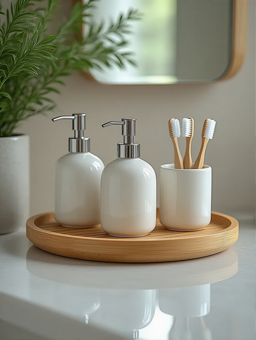 A pristine bathroom vanity with a cohesive set of white ceramic soap dispensers, lotion dispensers, and a toothbrush holder on a bamboo tray. The accessories create a clean, organized, and elegant look against a neutral bathroom background.