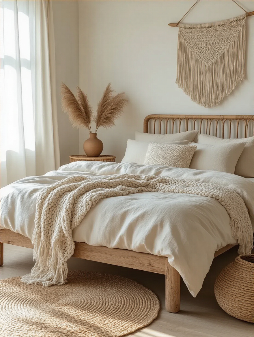 Boho bedroom featuring a reclaimed wood bed, organic cotton bedding, rattan nightstand, and jute rug, embodying natural and sustainable decor.