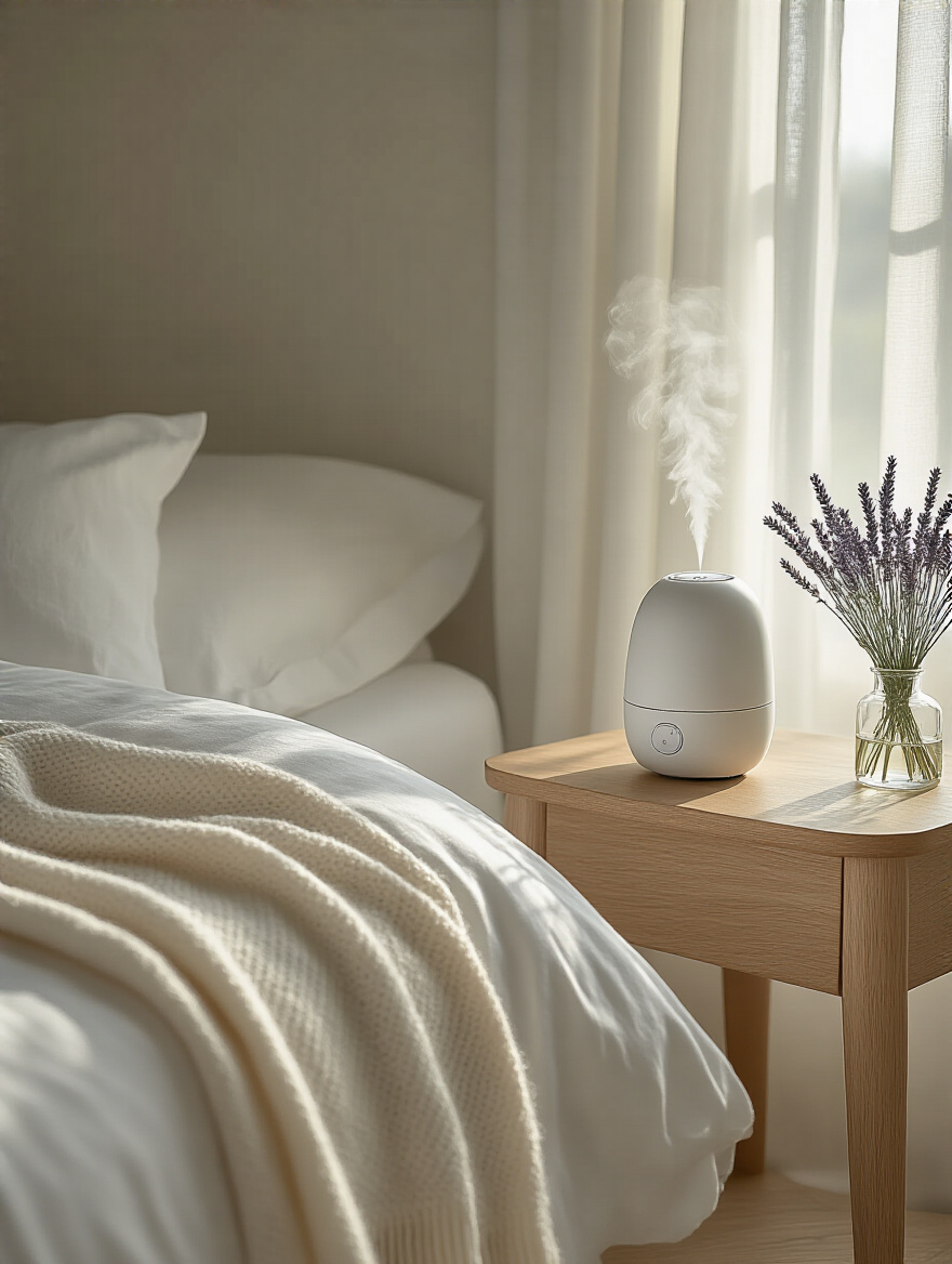 Elegant white bedroom with a minimalist essential oil diffuser, soft lighting, and delicate lavender, enhancing the subtle scents and aromas.