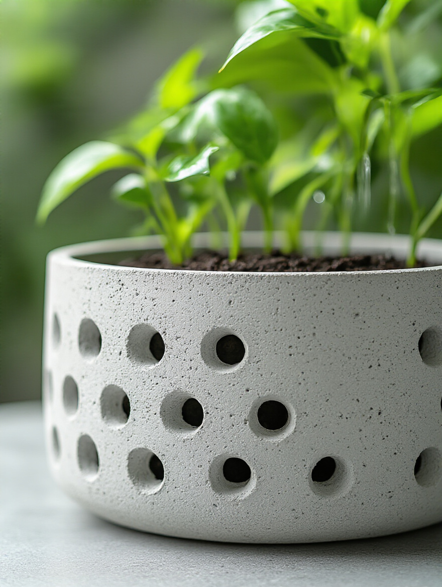 Close-up view of the bottom of a healthy concrete planter pot with multiple visible drainage holes allowing water to exit, emphasizing proper drainage to prevent root rot in a container garden.
