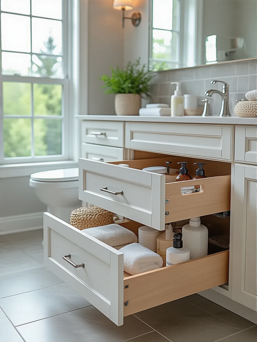 Modern bathroom cabinet with an open, full-extension drawer revealing neatly organized toiletries, highlighting ergonomic design and easy accessibility for everyday items.