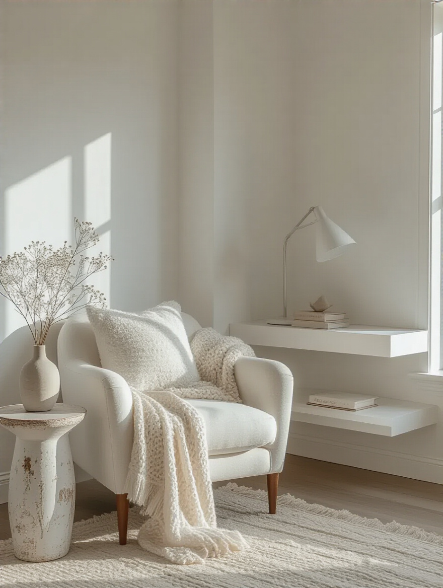 White bedroom corner featuring a conceptual blend of serene sanctuary elements (plush armchair, textured throw, botanicals) and modern minimalist elements (sleek shelf, geometric decor).