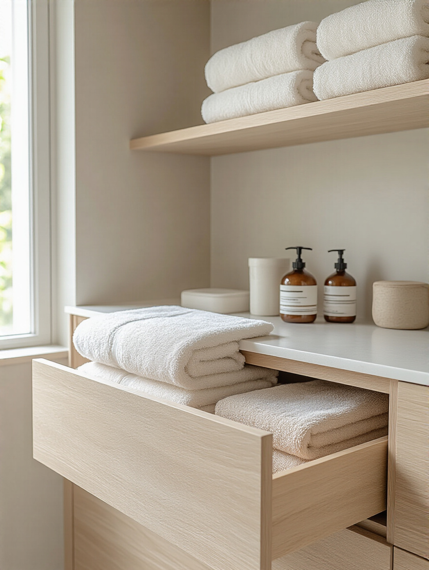A serene, minimalist bathroom with open light-wood cabinet drawers showcasing organized towels and essentials, illustrating thoughtful budgeting and quality cabinetry.