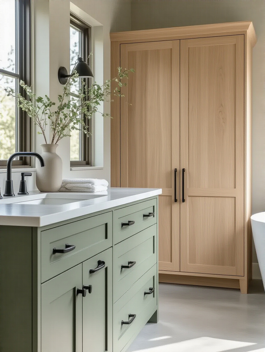 Modern bathroom vanity with sage green Shaker-style cabinet doors and natural oak slab doors on an adjacent linen cabinet, showcasing diverse design themes.