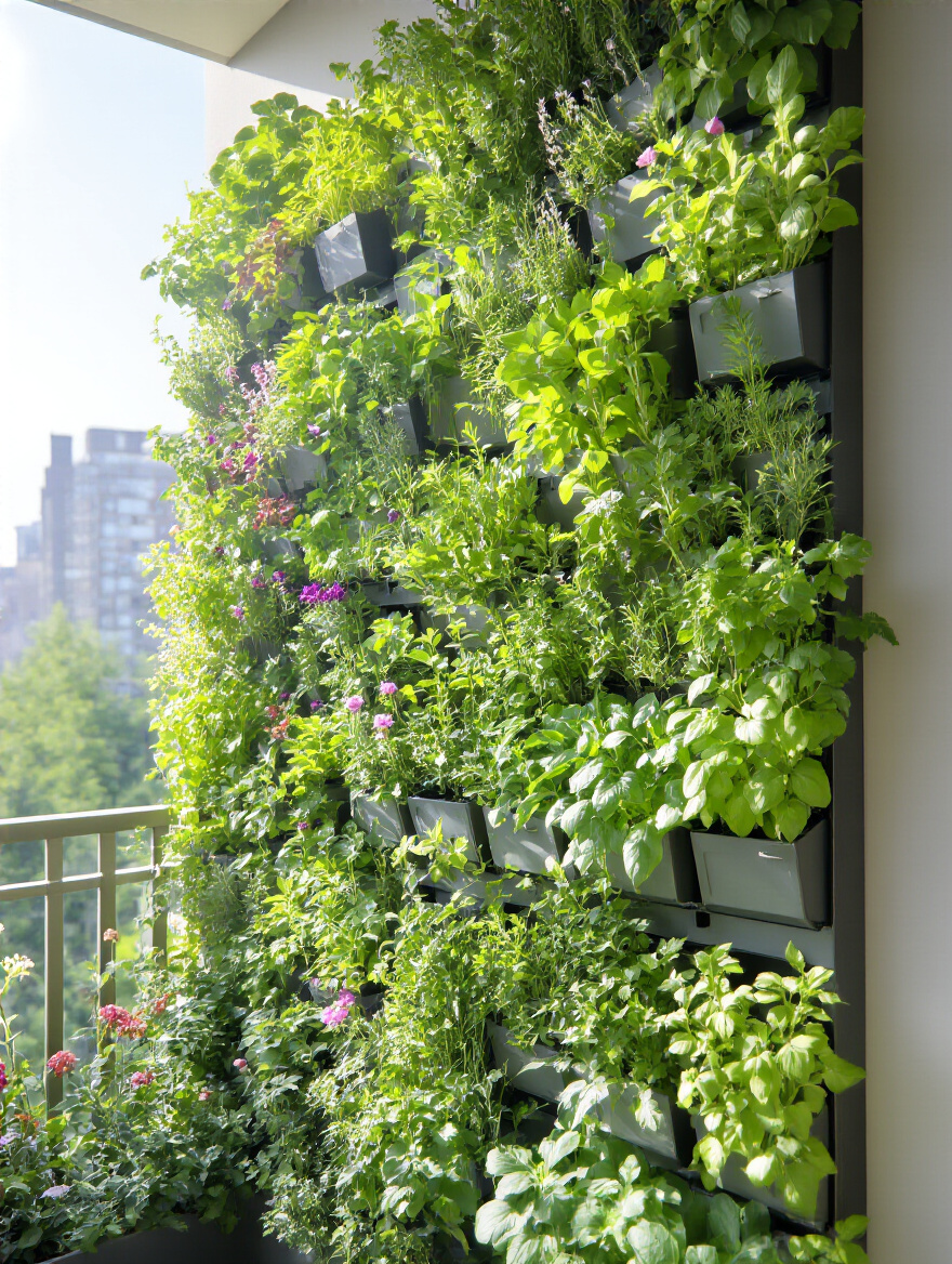 A thriving vertical garden system installed on a balcony wall, overflowing with herbs and leafy greens, perfectly utilizing a small urban space.