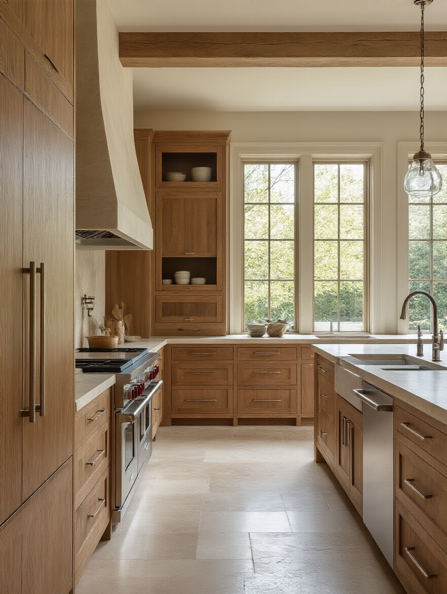 Modern kitchen with integrated smart home hub in a fluted walnut island and concrete countertop, soft LED lighting, showing advanced automation.