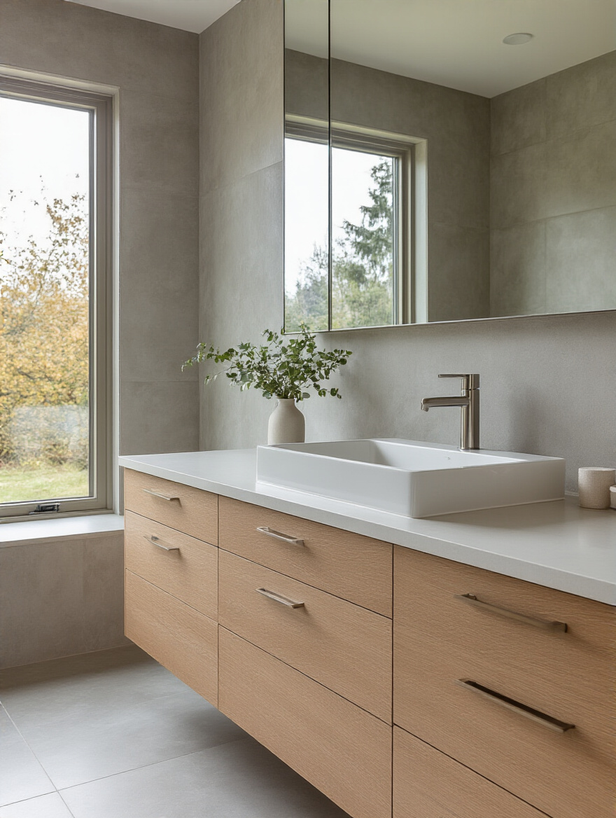 Modern bathroom with warm grey oak veneer cabinets, sleek white counter, and grey tiles demonstrating harmonized bathroom cabinet colors and finishes in a cohesive design.