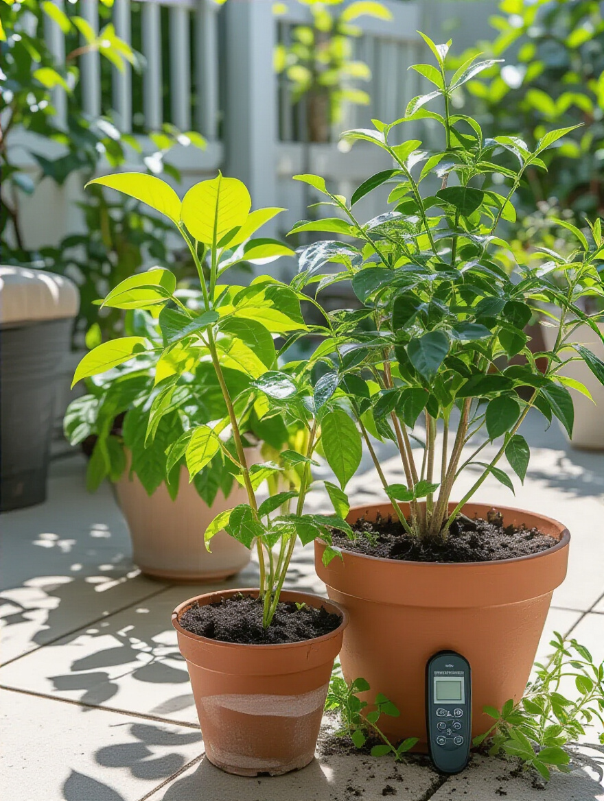 A close-up view of container plants showing contrasting healthy and wilting leaves, with a moisture meter inserted into the soil, illustrating the process of troubleshooting common container garden issues like nutrient deficiencies or watering imbalances.
