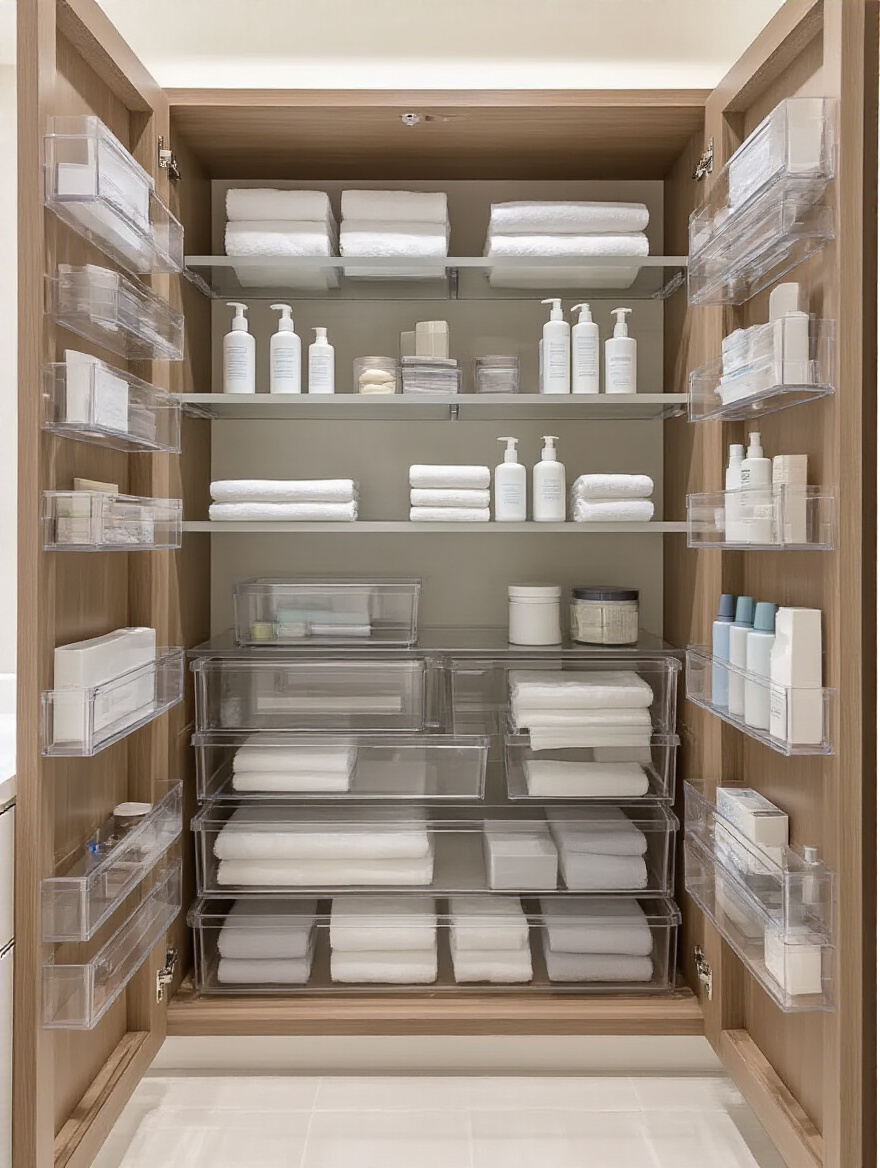 Close-up inside a pristine modern white bathroom cabinet, showcasing transparent tiered shelves, adjustable drawer dividers, and clear stackable bins perfectly organizing toiletries and small items, maximizing vertical storage space.