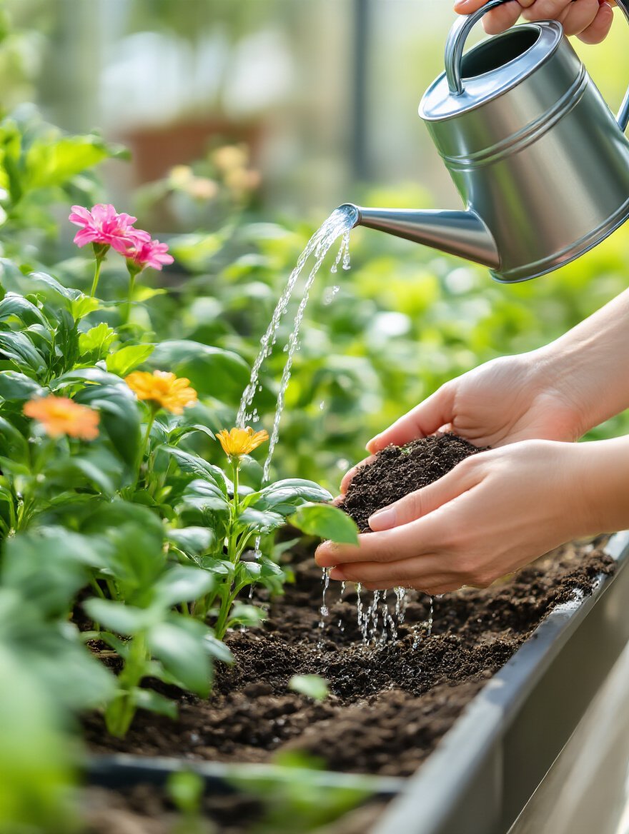 Close-up of a hand checking soil moisture in a container plant with a watering can in the background, illustrating consistent watering practices.