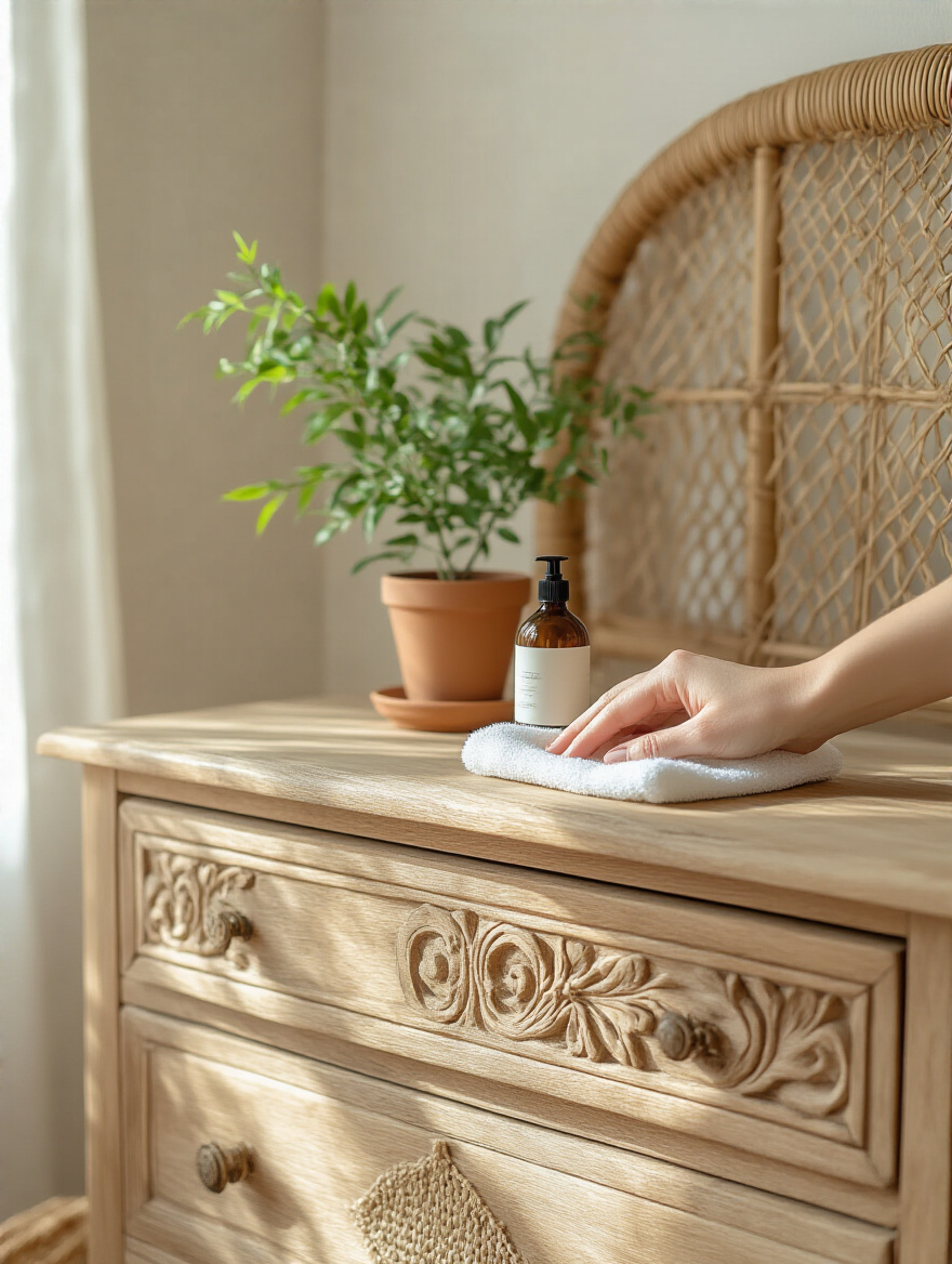 Close-up of a hand gently cleaning a natural wood dresser with a microfiber cloth in a sunlit boho bedroom, emphasizing regular natural furniture care and maintenance for longevity.