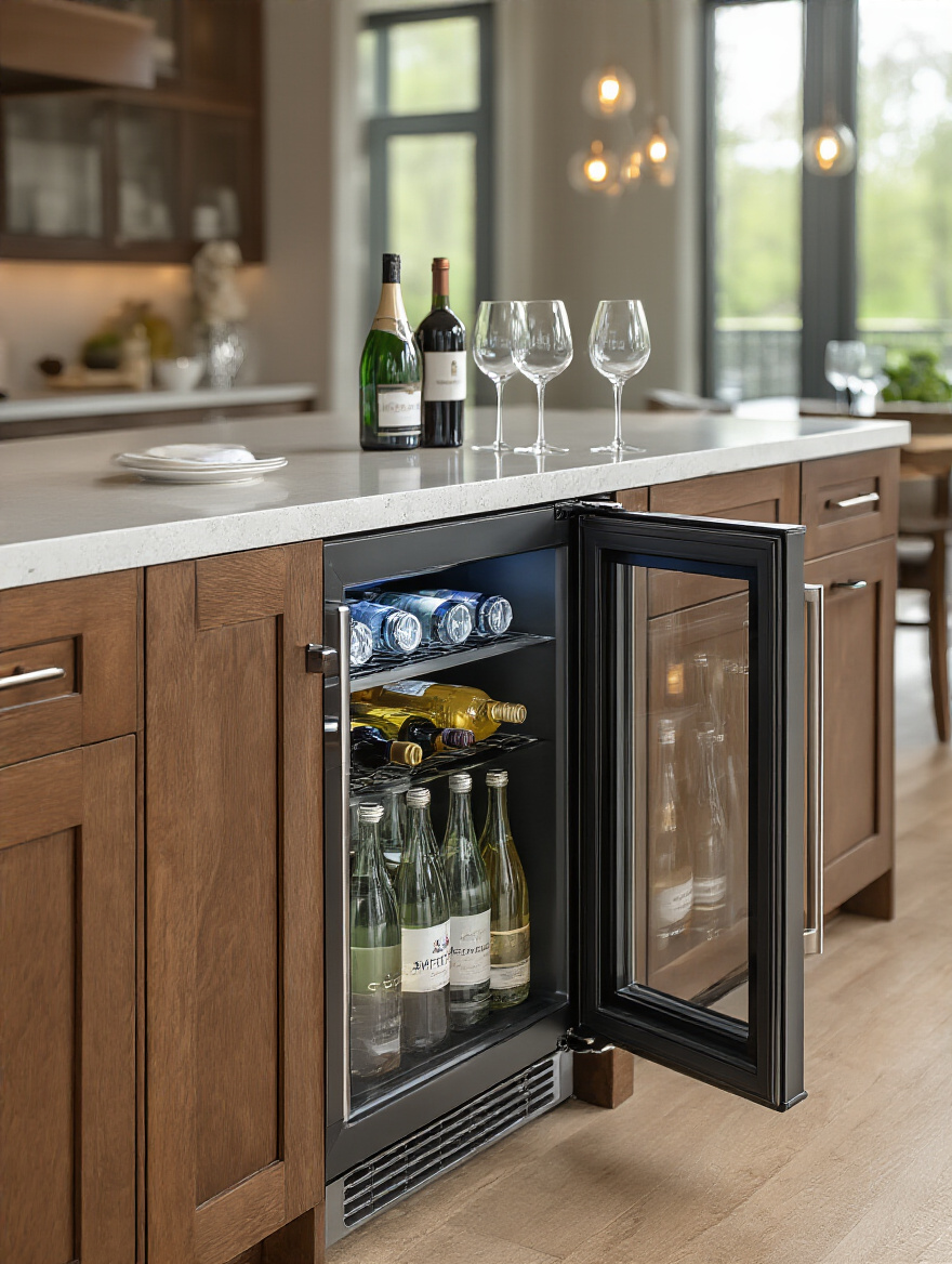 Modern kitchen island with integrated beverage refrigerator and elegant glassware, highlighting entertainment functionality
