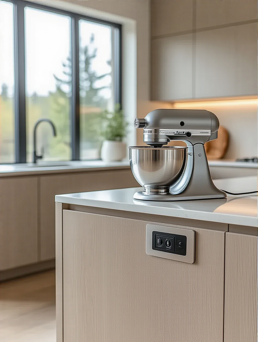 Modern kitchen island with a pop-up electrical outlet, showing a blender plugged in, enhancing appliance accessibility on a sleek countertop.