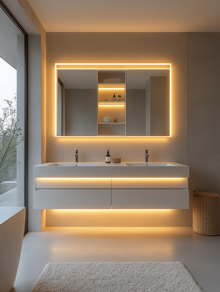 Modern bathroom with integrated LED strip lighting under a floating vanity and inside a medicine cabinet, providing both task and accent illumination.