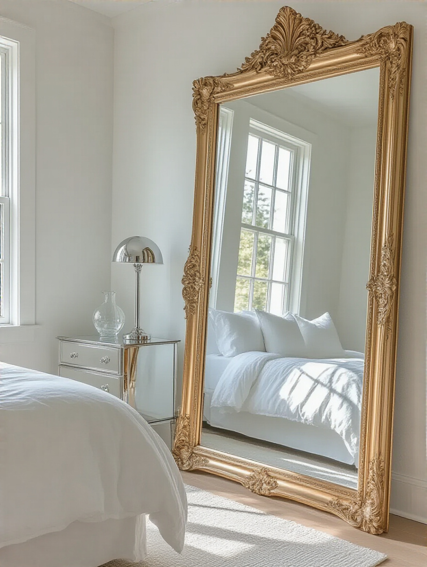 Elegant white bedroom with a large mirror reflecting natural light, polished chrome lamp, and mirrored nightstand, demonstrating how reflective surfaces amplify brightness and space.