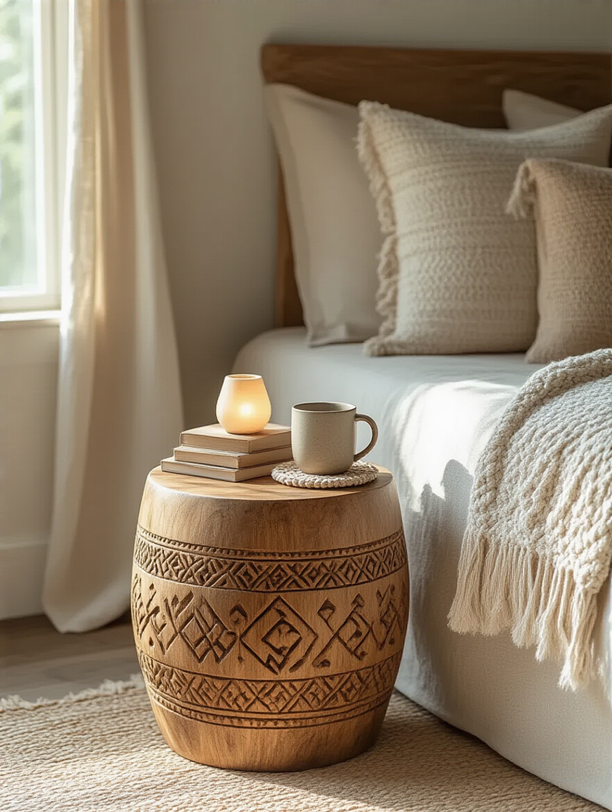 Boho bedroom with a hand-carved wooden artisanal stool serving as a rustic bedside table next to a low platform bed with linen bedding and earth-toned pillows, bathed in warm morning light.